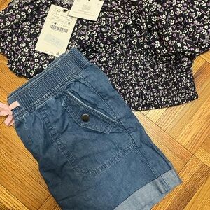 Zara Kids Floral Top and Denim Shorts Set - Black and Blue